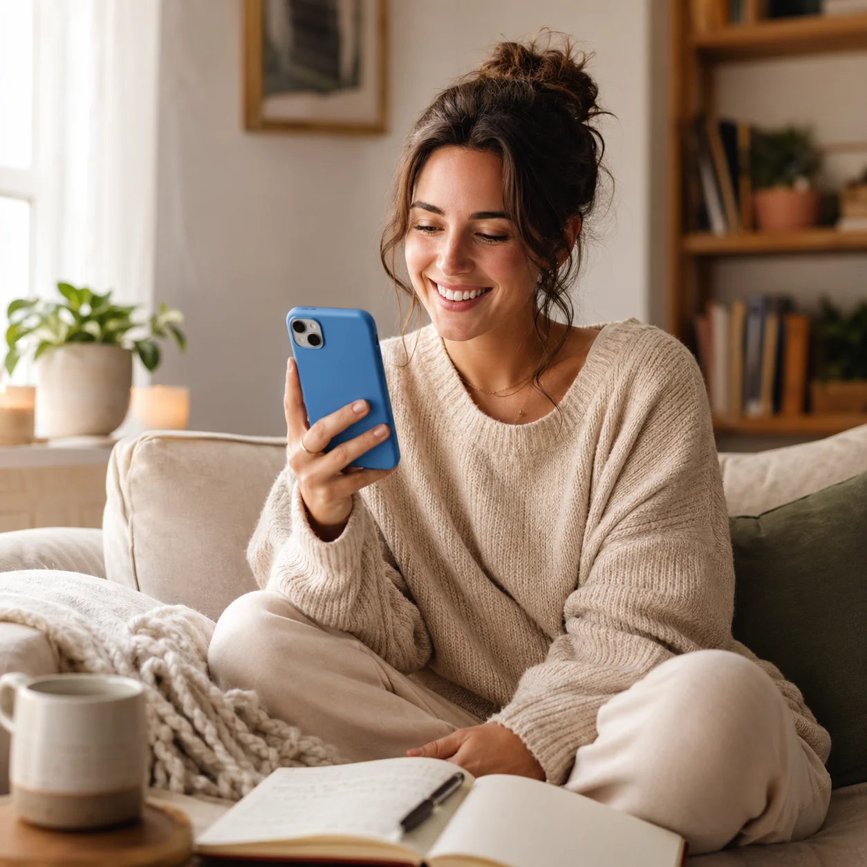 Woman smiling while journaling with MindDrive on her phone
