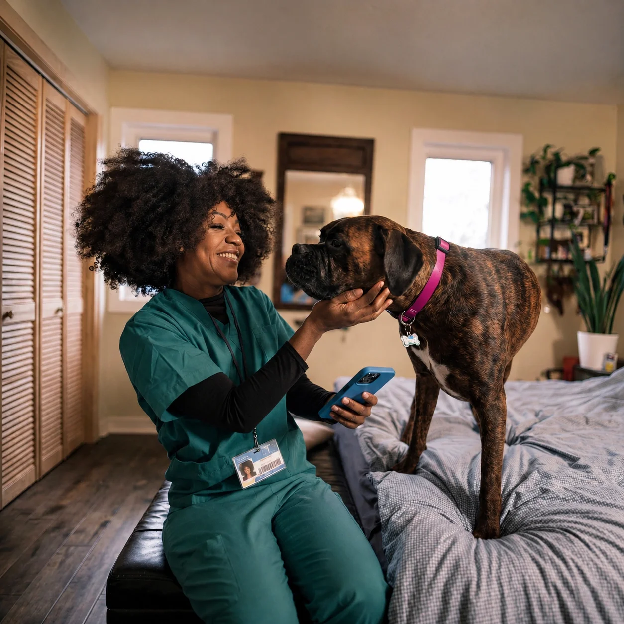 Woman using MindDrive while sitting with her dog