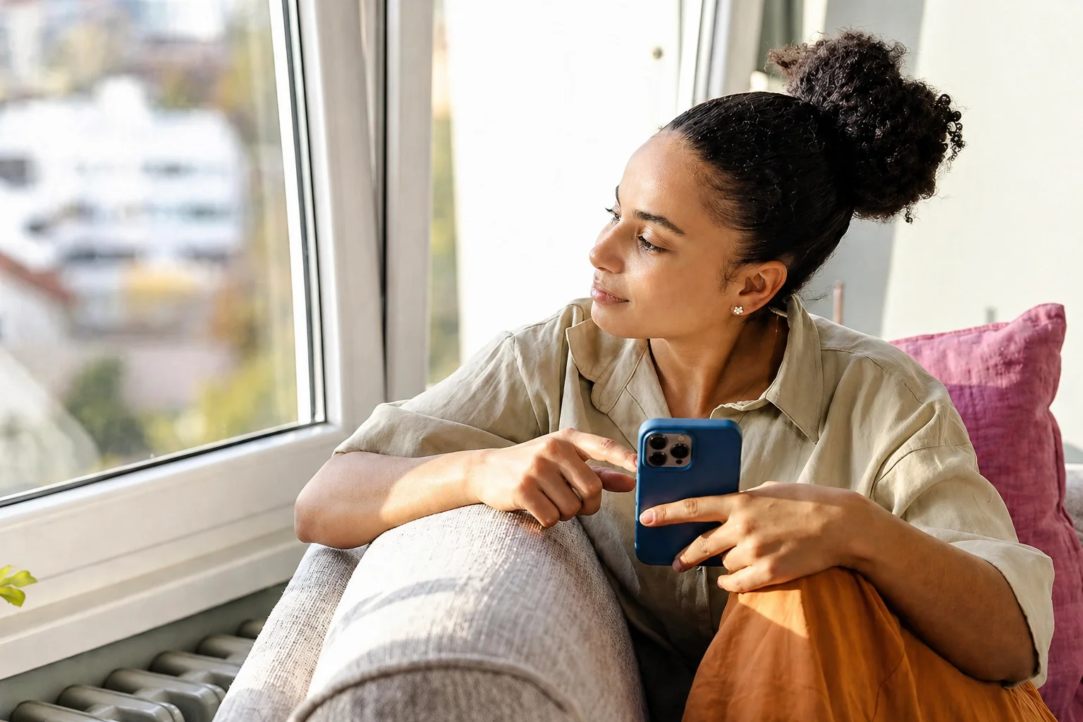 Young woman using MindDrive for personal reflection